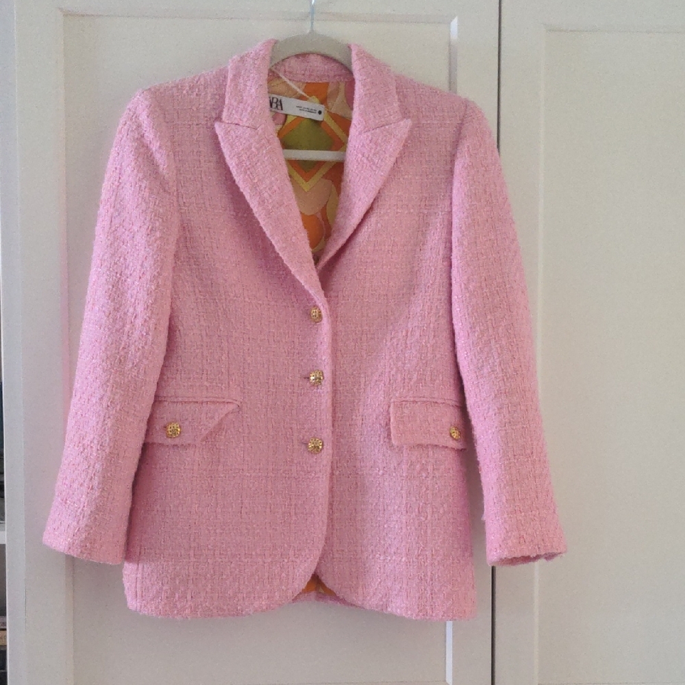 Zara Light Pink Tweed Blazer with Gold Buttons